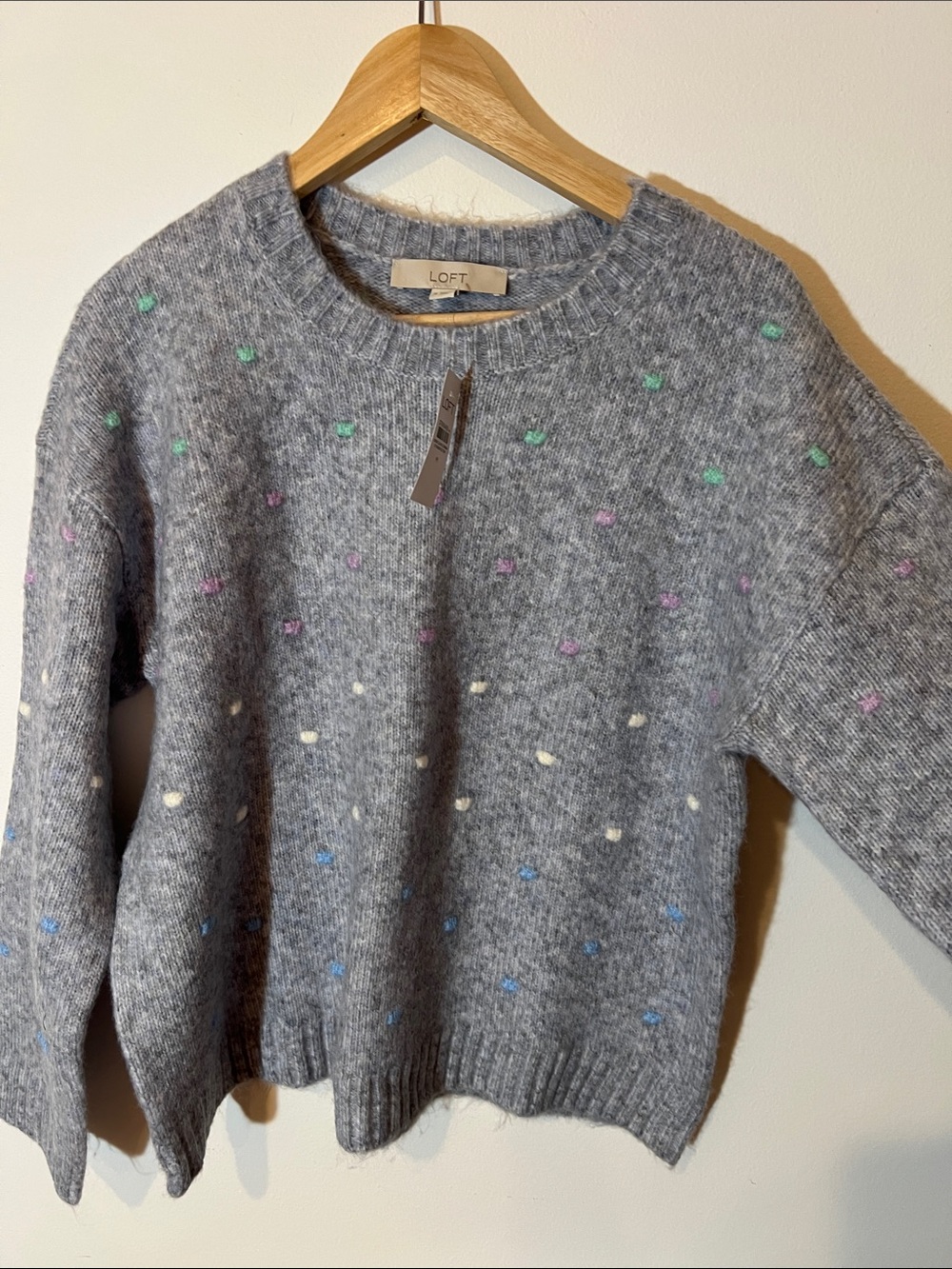 LOFT Gray Crewneck Sweater with Pastel Dot Accents